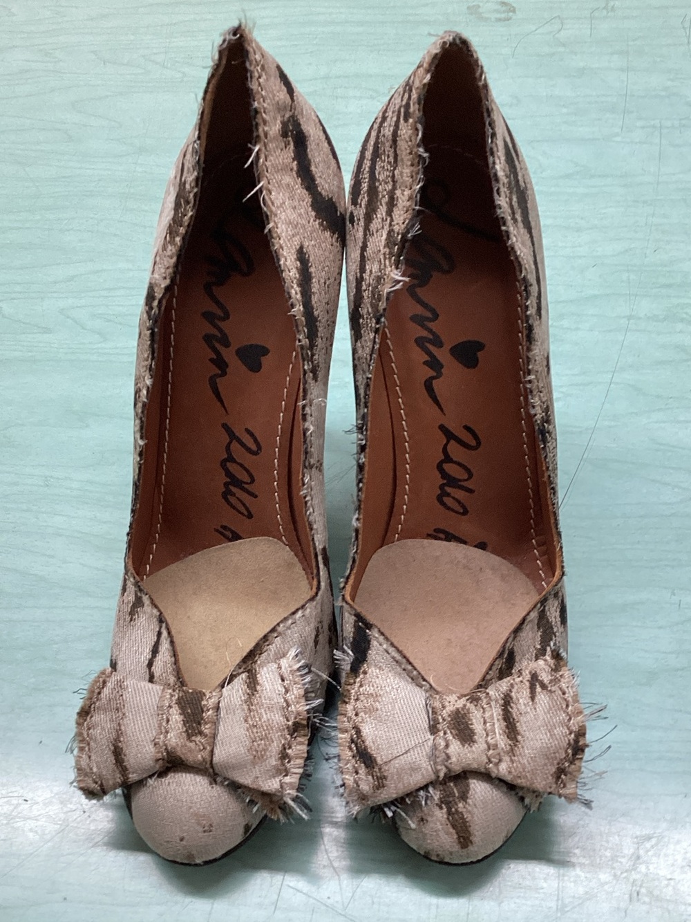Lanvin Tan & Brown Animal-Print Peep-Toe Bow Pumps